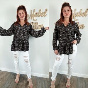 Cotton Blue Chic Black Floral long sleeve Blouse size medium